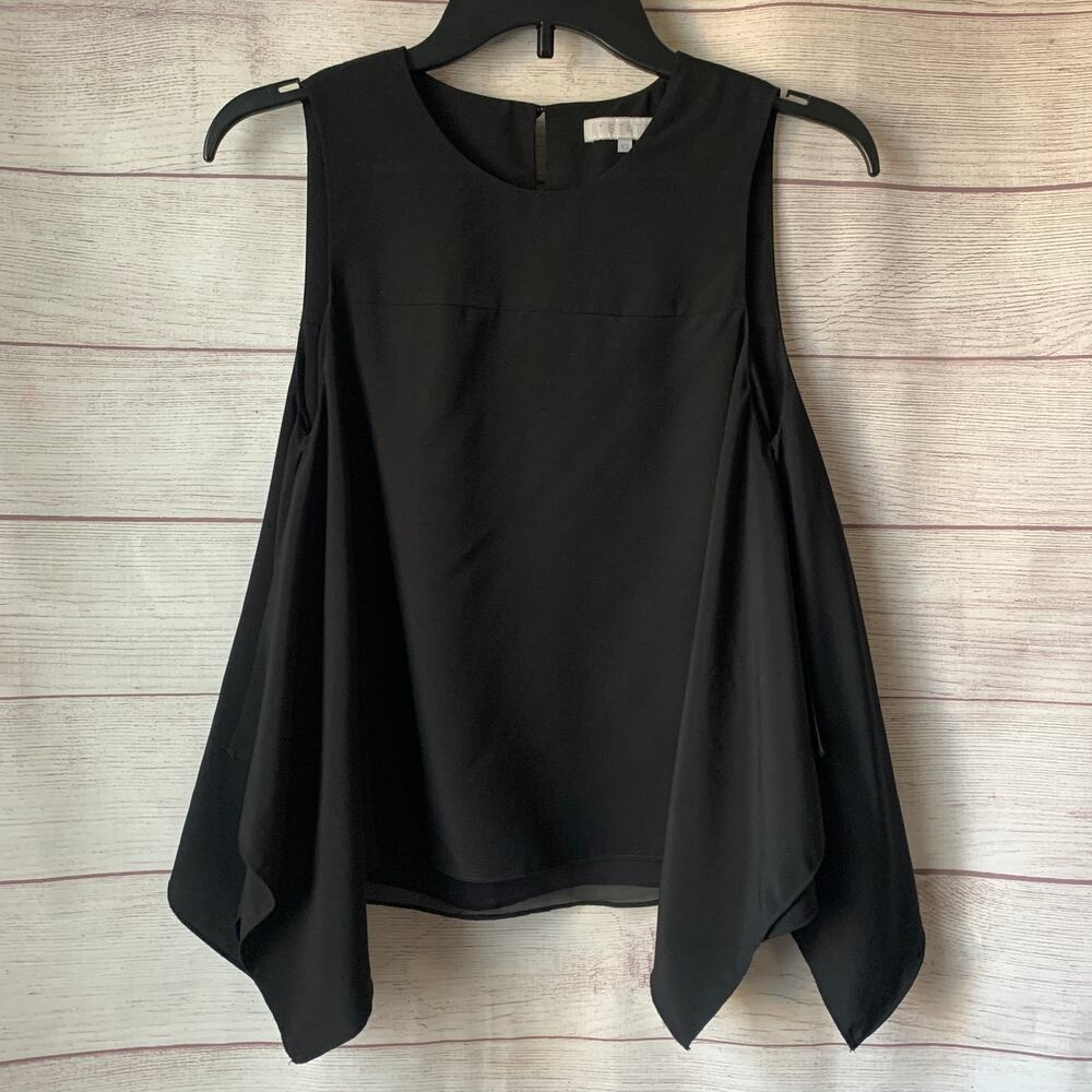 1. State Black Sleeveless Blouse Winged Asymmetrical Handkerchief Tiered Size XS